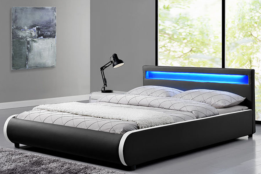 1125-1 Letto imbottito doppio in legno massello di pelle PU