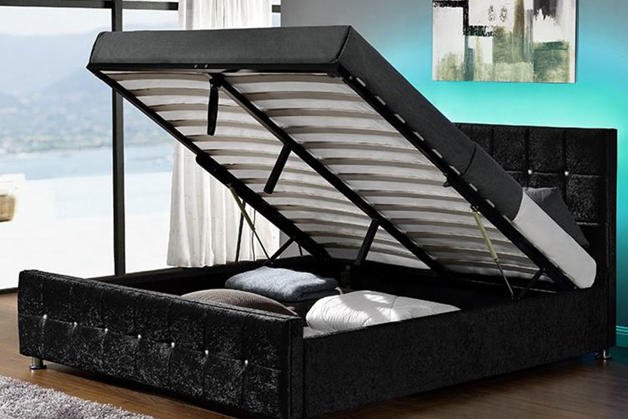 1149-1G Letto contenitore moderno con ascensore a gas in velluto di ciniglia a LED