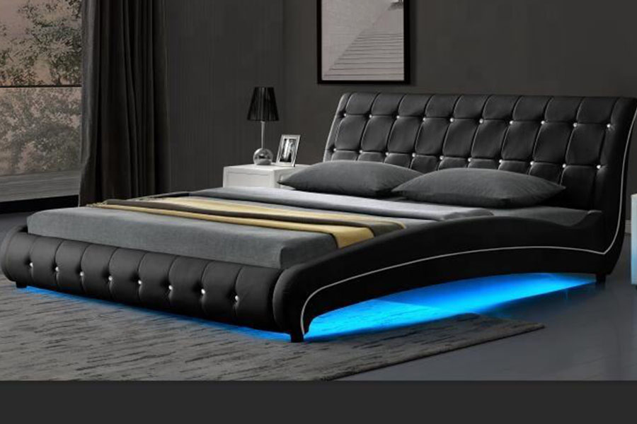 1144-1 Struttura letto imbottita di lusso a LED in ecopelle capitonnè