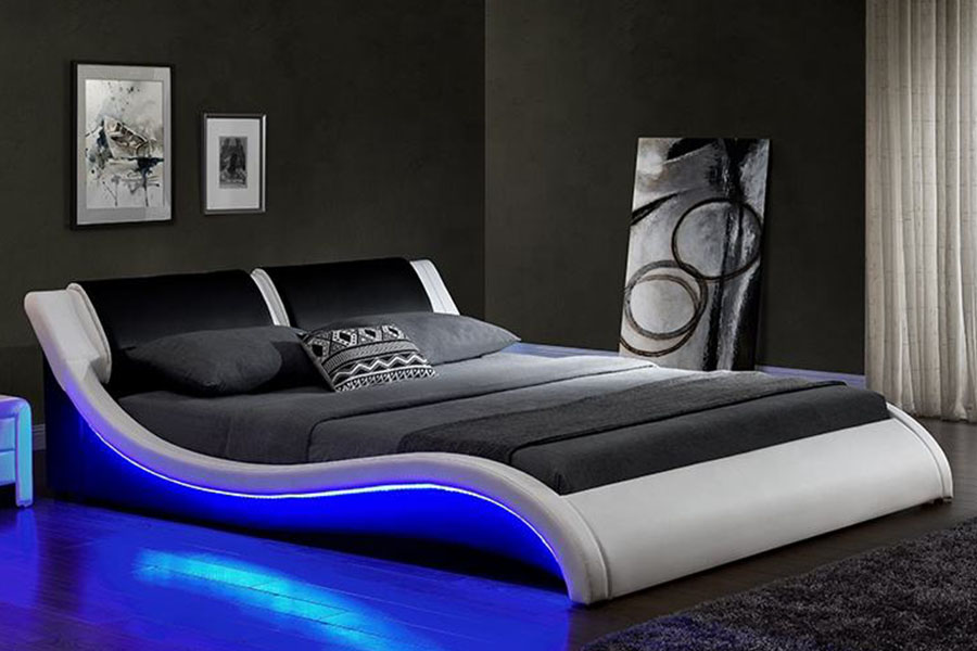 1187-1 Struttura letto imbottita king size in pelle italiana a forma di S con LED