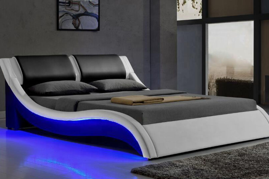 1187-1 Struttura letto imbottita king size in pelle italiana a forma di S con LED