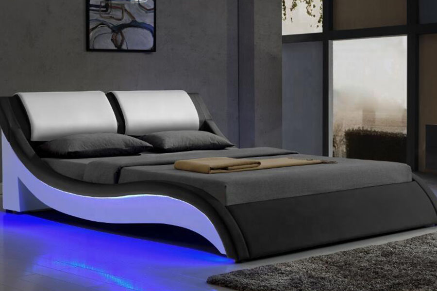 1187-1 Struttura letto imbottita king size in pelle italiana a forma di S con LED