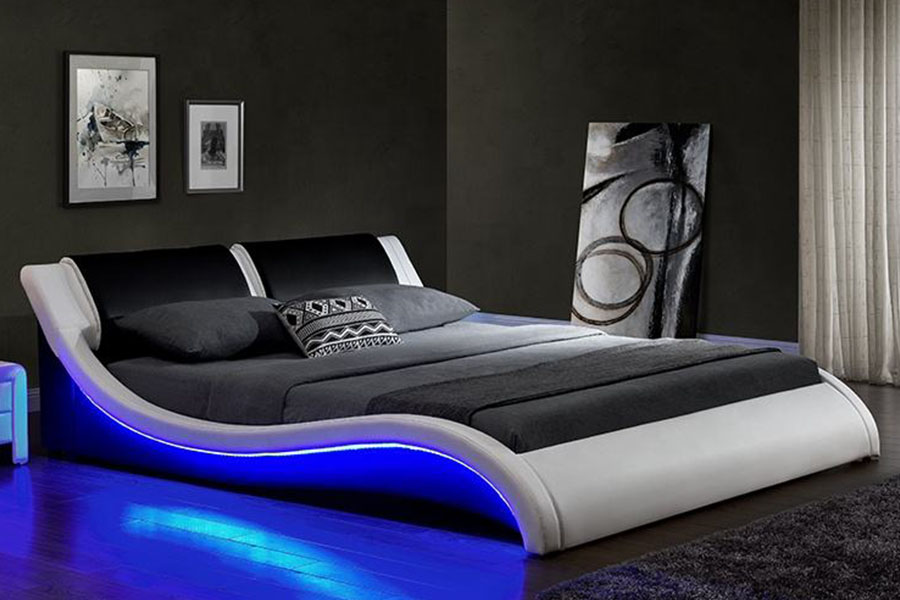 1178-1 Letto imbottito Queen King in pelle con struttura a LED a forma di onda