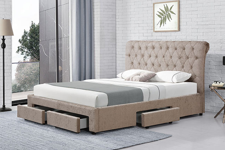 1217D Letto contenitore con testiera king a quattro cassetti in velluto europeo con testiera a rombi