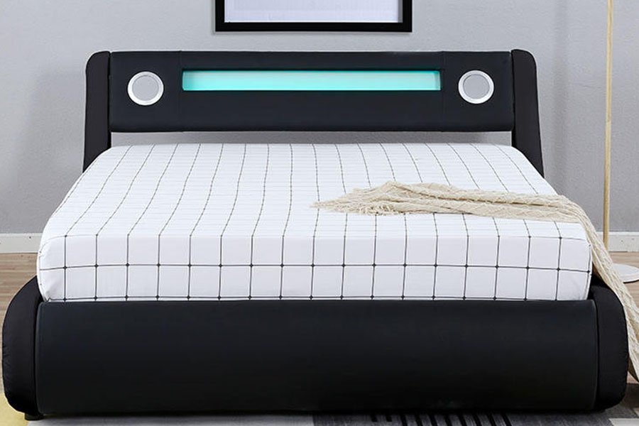 1324-1GS Splendido letto imbottito con struttura del letto imbottita con contenitore per ascensore a gas in pelle con altoparlante a LED