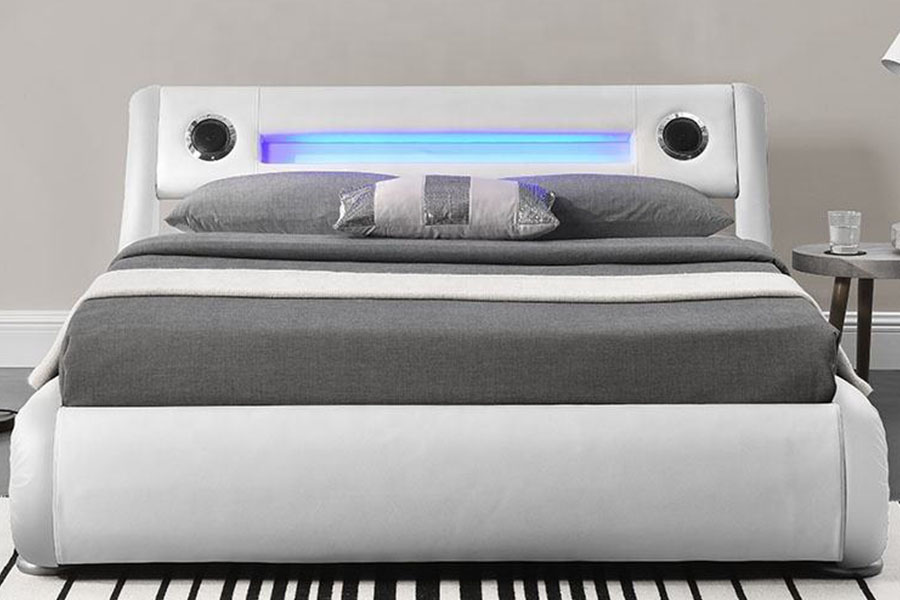 1324-1GS Splendido letto imbottito con struttura del letto imbottita con contenitore per ascensore a gas in pelle con altoparlante a LED