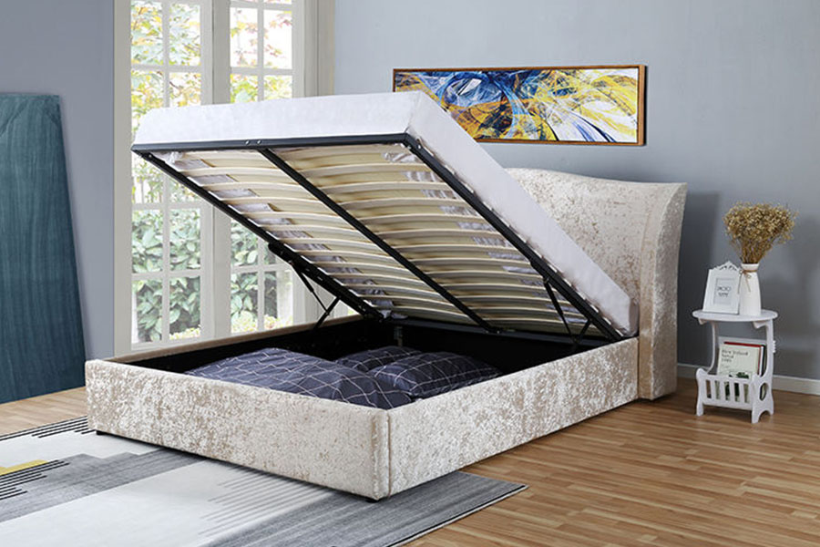 1320G Struttura del letto contenitore imbottito ottomano in velluto champagne con finitura Oyster