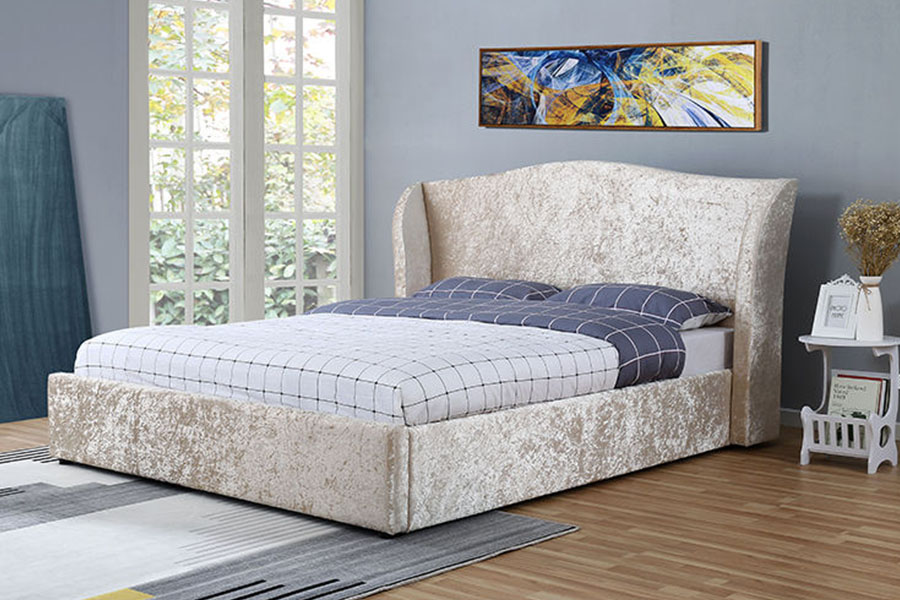 1320G Struttura del letto contenitore imbottito ottomano in velluto champagne con finitura Oyster