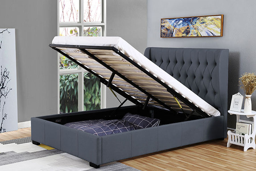 1310G Struttura letto contenitore con testiera alta, tessuto grigio, dettaglio bottoni