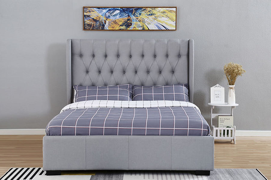 1310G Struttura letto contenitore con testiera alta, tessuto grigio, dettaglio bottoni
