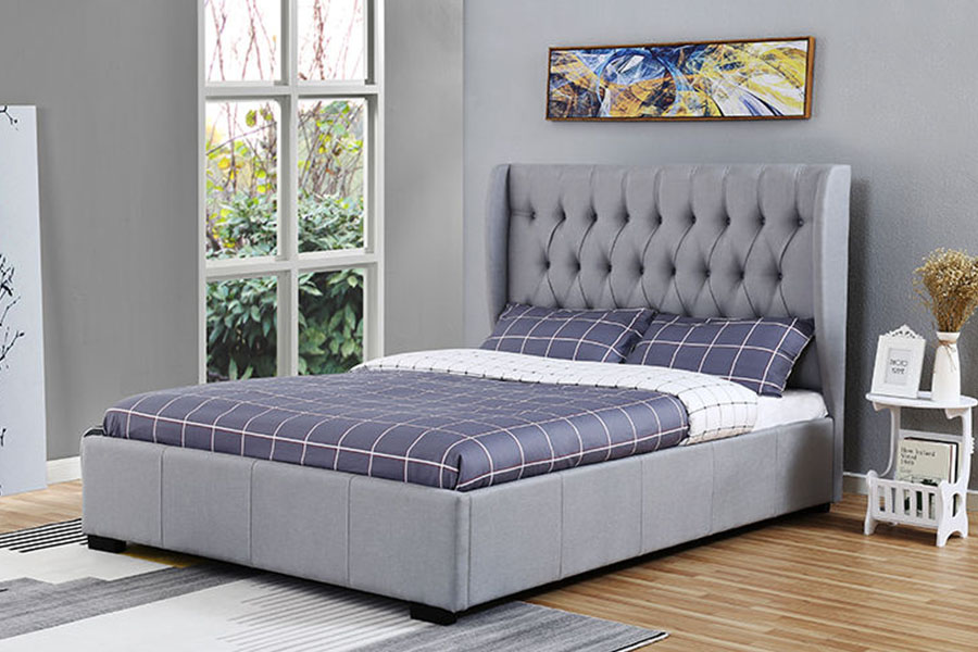 1310G Struttura letto contenitore con testiera alta, tessuto grigio, dettaglio bottoni