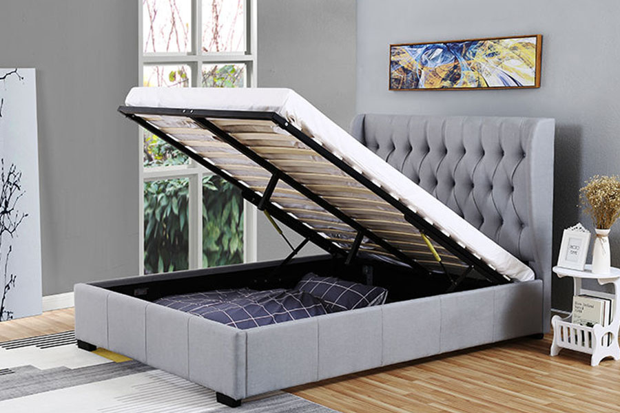 1310G Struttura letto contenitore con testiera alta, tessuto grigio, dettaglio bottoni