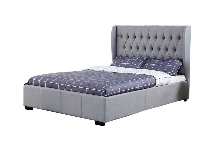 1310G Struttura letto contenitore con testiera alta, tessuto grigio, dettaglio bottoni