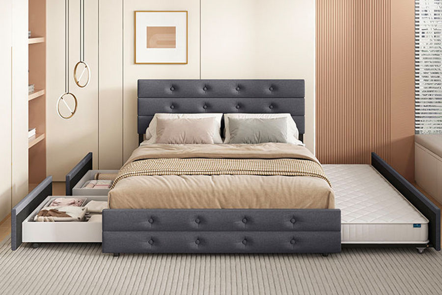 1398G Telaio per letto imbottito con contenitore imbottito all'ingrosso con struttura in legno e pelle bianca