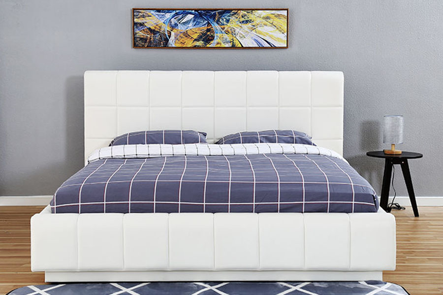 1305G Struttura letto imbottita per camera da letto con contenitore in pelle bianca e LED a tre lati