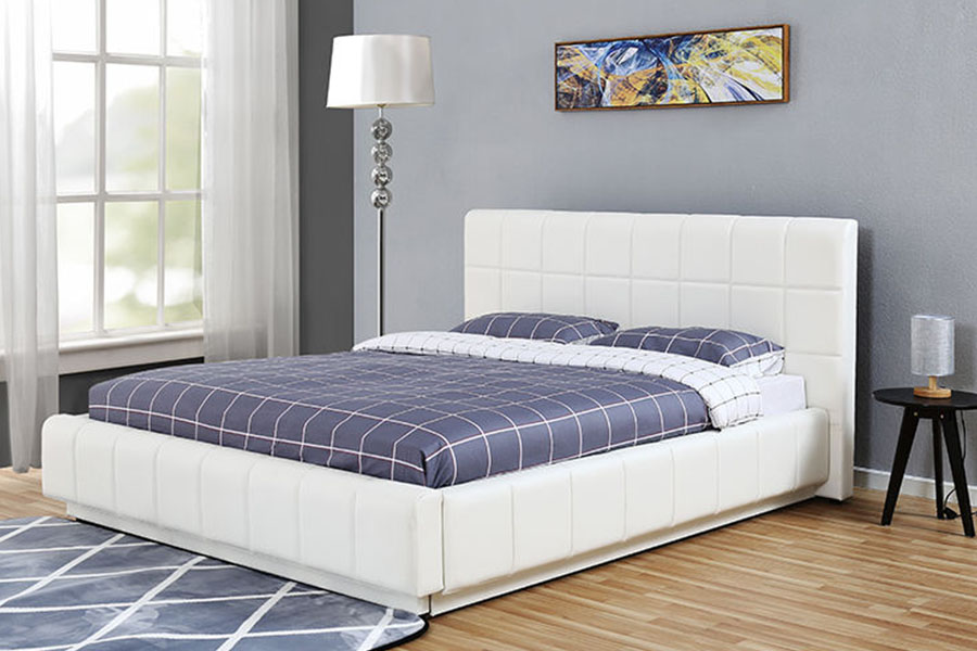 1305G Struttura letto imbottita per camera da letto con contenitore in pelle bianca e LED a tre lati