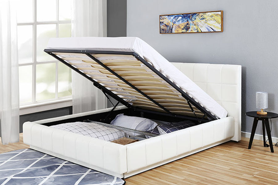 1305G Struttura letto imbottita per camera da letto con contenitore in pelle bianca e LED a tre lati