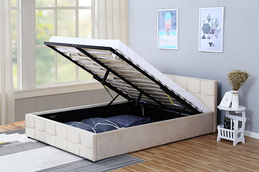 1295G Struttura letto contenitore ottomano imbottito Queen in tessuto con testiera e pannello