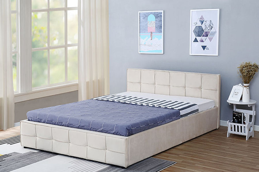 1295G Struttura letto contenitore ottomano imbottito Queen in tessuto con testiera e pannello