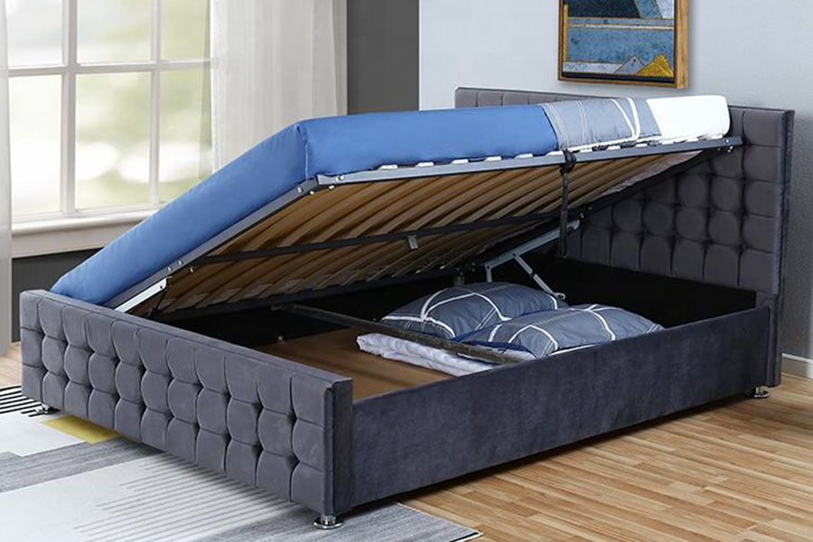 1354G Struttura del letto contenitore ottomano king size in legno massello con pannello trapuntato in velluto