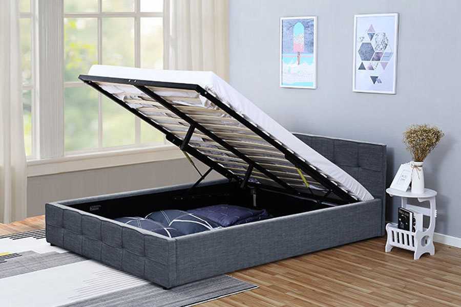 1295G Struttura letto contenitore ottomano imbottito Queen in tessuto con testiera e pannello