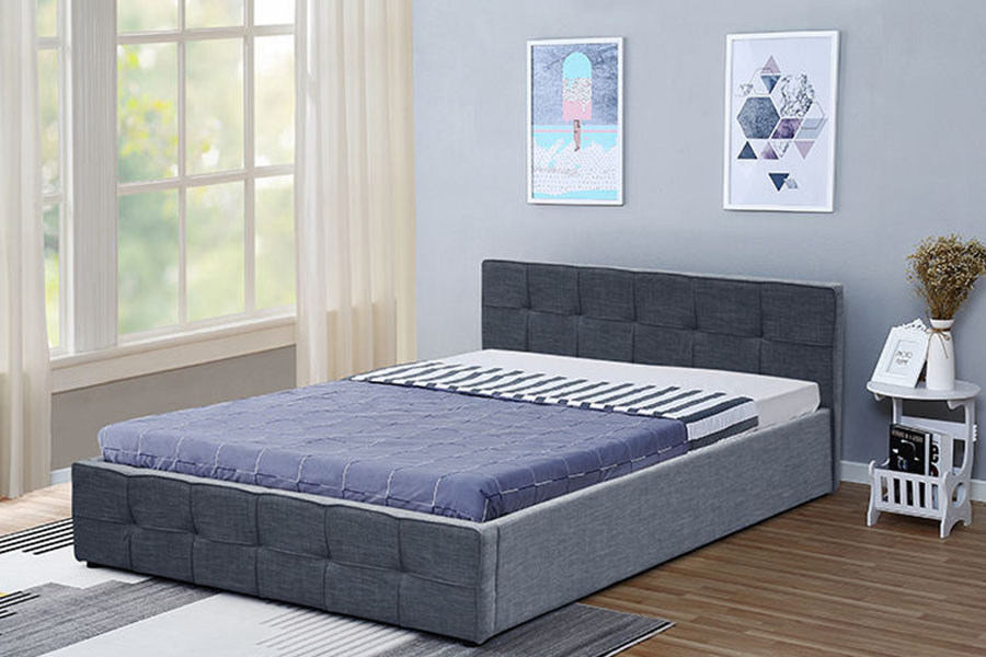 1295G Struttura letto contenitore ottomano imbottito Queen in tessuto con testiera e pannello