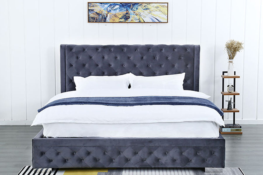 1293G Struttura letto contenitore imbottito Queen in legno massello di velluto peluche