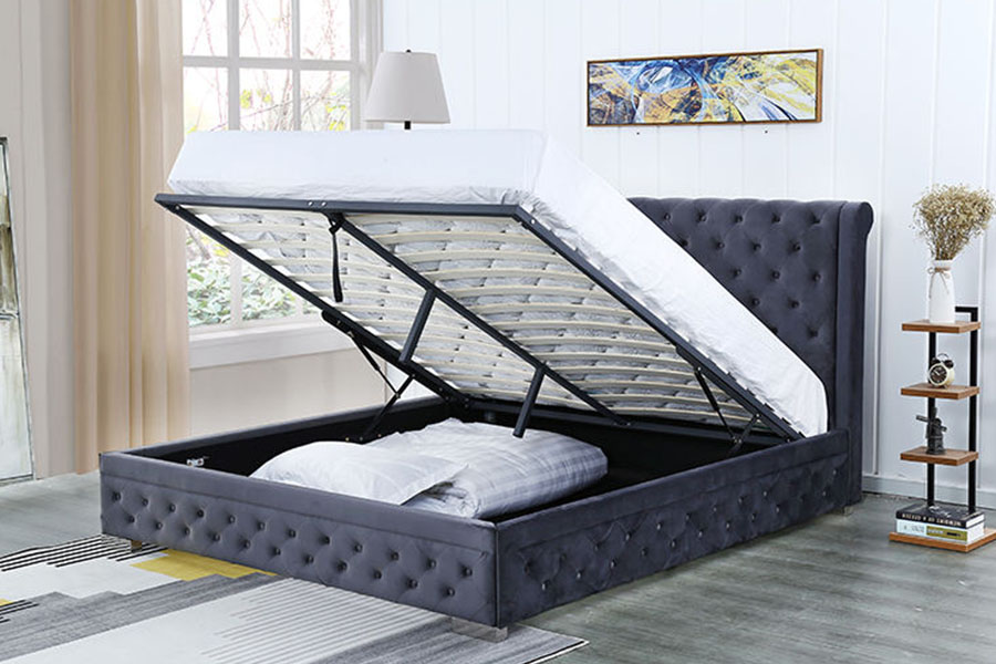 1293G Struttura letto contenitore imbottito Queen in legno massello di velluto peluche