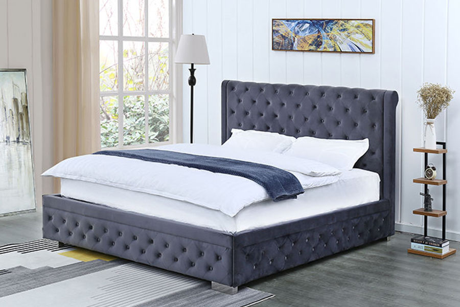 1293G Struttura letto contenitore imbottito Queen in legno massello di velluto peluche