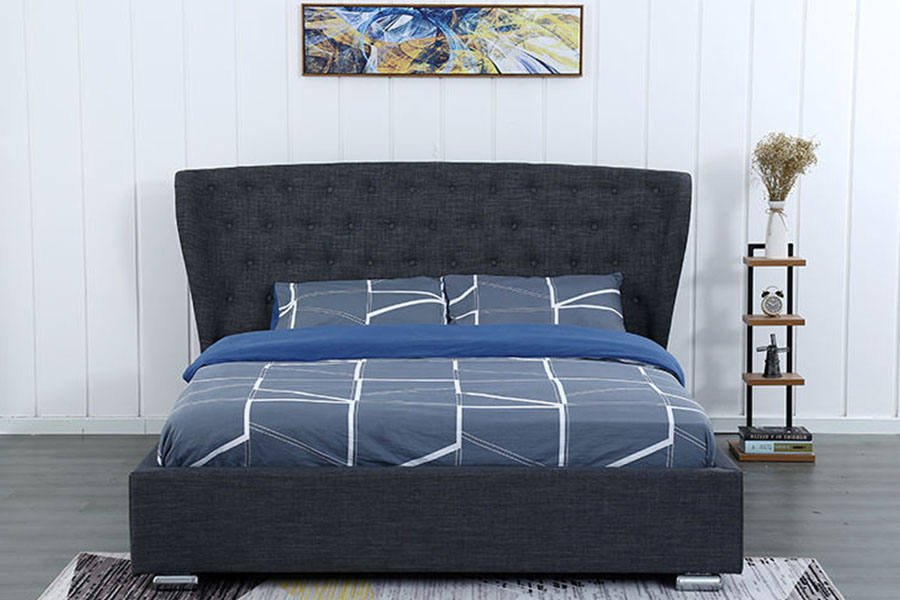 1292G Letto imbottito europeo con gambe in legno con bottoni in lino grigio Wingback