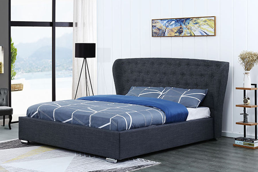 1292G Letto imbottito europeo con gambe in legno con bottoni in lino grigio Wingback
