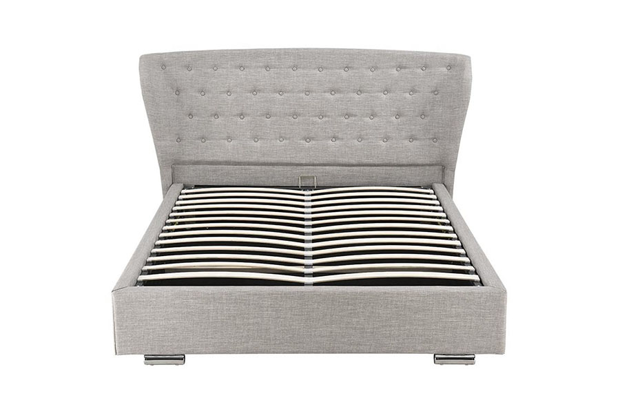 1292G Letto imbottito europeo con gambe in legno con bottoni in lino grigio Wingback