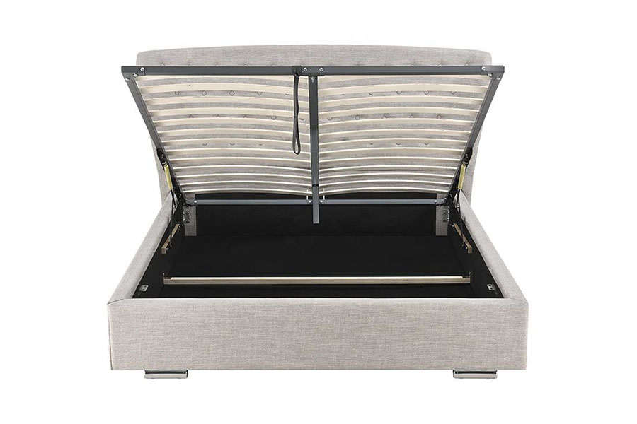 1292G Letto imbottito europeo con gambe in legno con bottoni in lino grigio Wingback