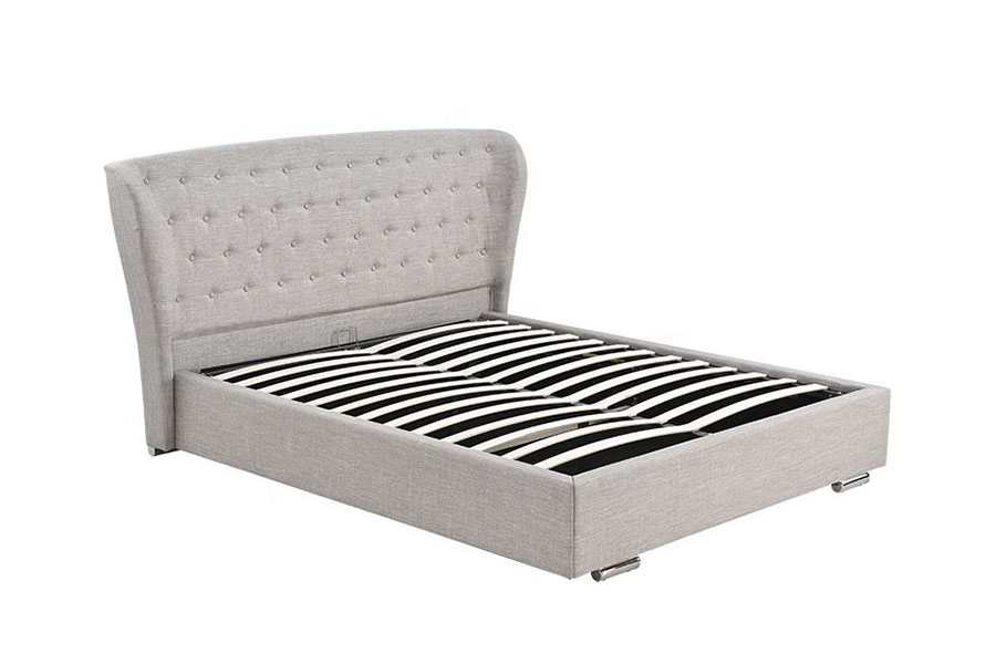 1292G Letto imbottito europeo con gambe in legno con bottoni in lino grigio Wingback