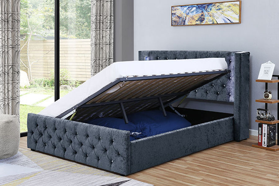 1290-1G Struttura letto contenitore in legno con LED alati color argento e velluto