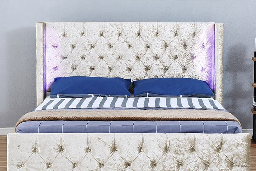1290-1G Struttura letto contenitore in legno con LED alati color argento e velluto