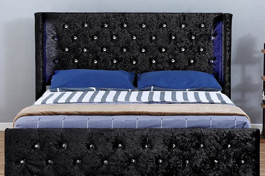 1290-1G Struttura letto contenitore in legno con LED alati color argento e velluto
