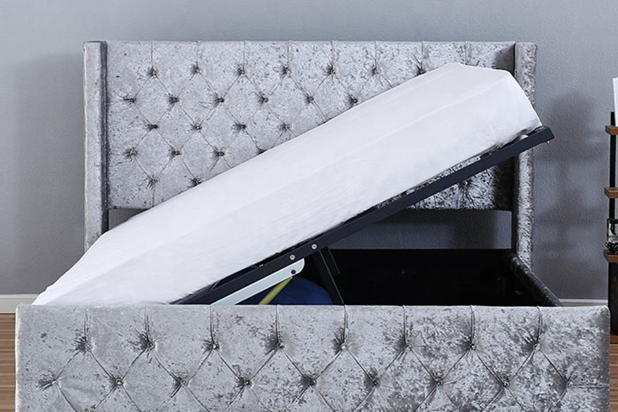 1290-1G Struttura letto contenitore in legno con LED alati color argento e velluto