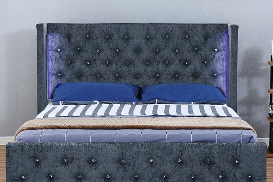 1290-1G Struttura letto contenitore in legno con LED alati color argento e velluto
