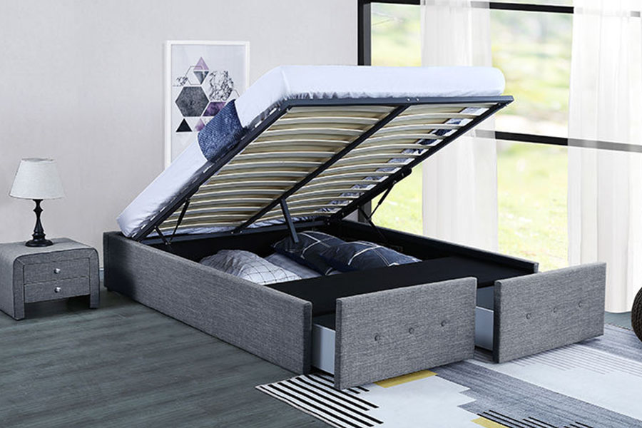 1326DG Struttura letto imbottita con cassetto portaoggetti Queen in tessuto stile pannello con sollevamento a gas