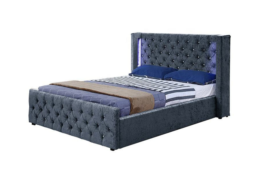 1290-1G Struttura letto contenitore in legno con LED alati color argento e velluto