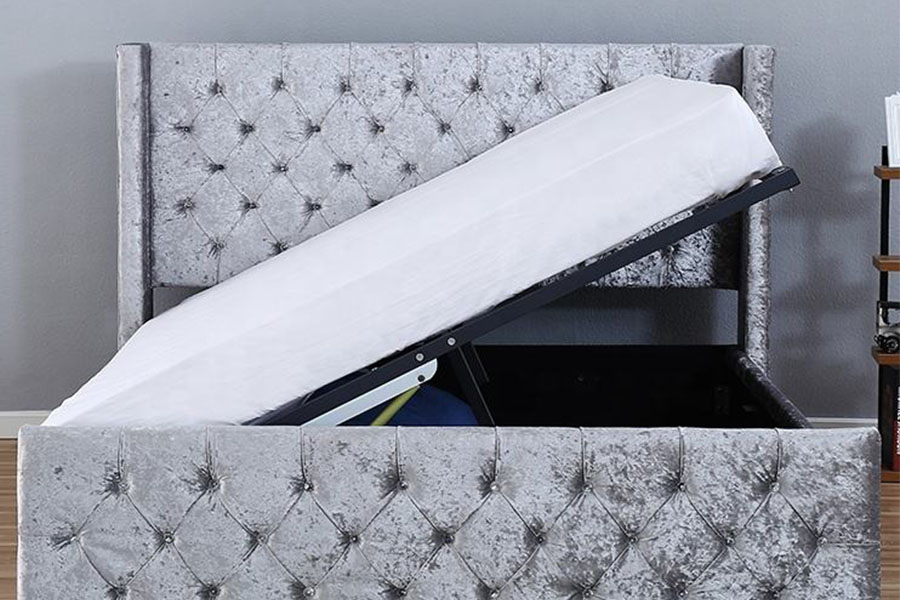 1286G Struttura per letto contenitore ottomana singola imbottita in legno massello con bottoni capitonné