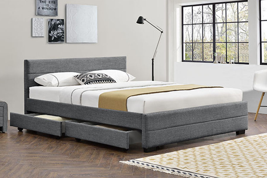 1263D Struttura letto contenitore in legno a quattro cassetti in morbida pelle grigio chiaro