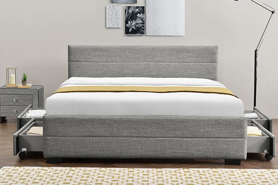 1263D Struttura letto contenitore in legno a quattro cassetti in morbida pelle grigio chiaro