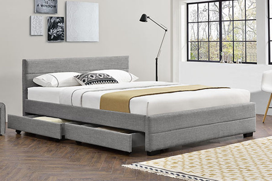 1263D Struttura letto contenitore in legno a quattro cassetti in morbida pelle grigio chiaro