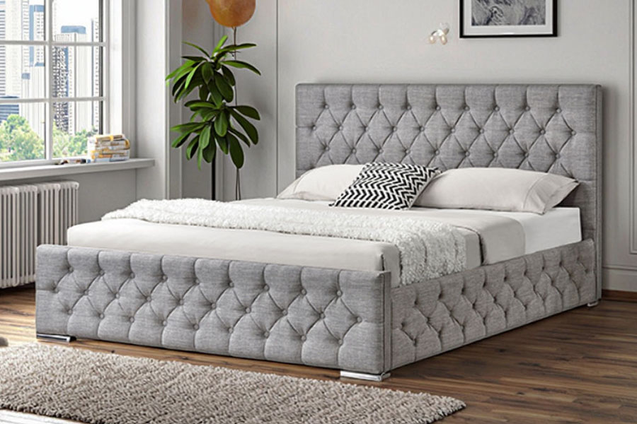 1253G Telaio letto contenitore idraulico con gambe cromate in tessuto grigio trapuntato a diamante