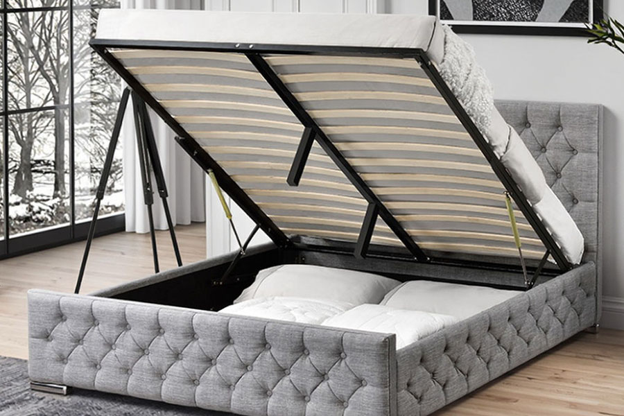 1253G Telaio letto contenitore idraulico con gambe cromate in tessuto grigio trapuntato a diamante
