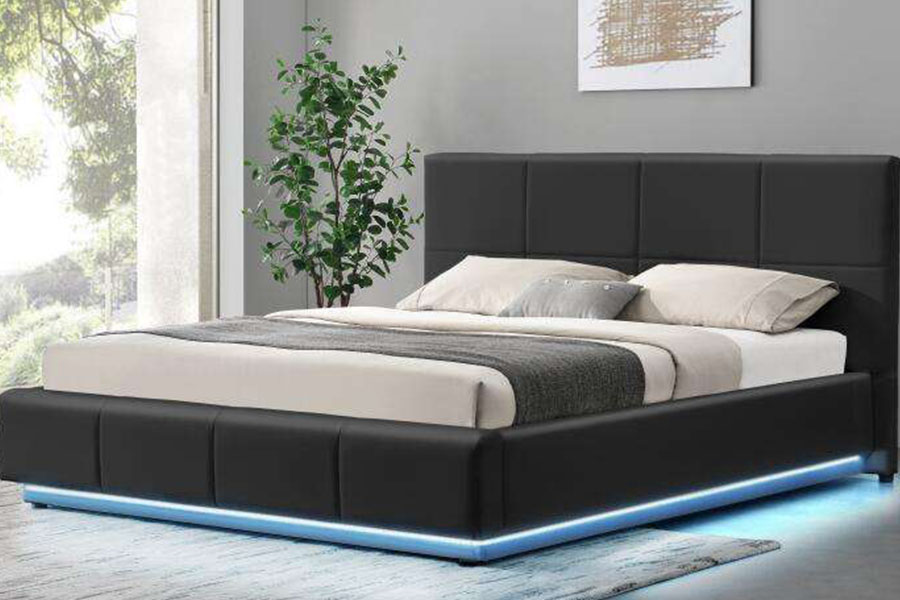 1239-1G Struttura letto imbottita doppia ottomana LED in ecopelle bianca