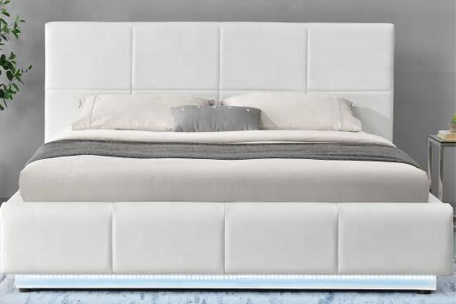 1239-1G Struttura letto imbottita doppia ottomana LED in ecopelle bianca
