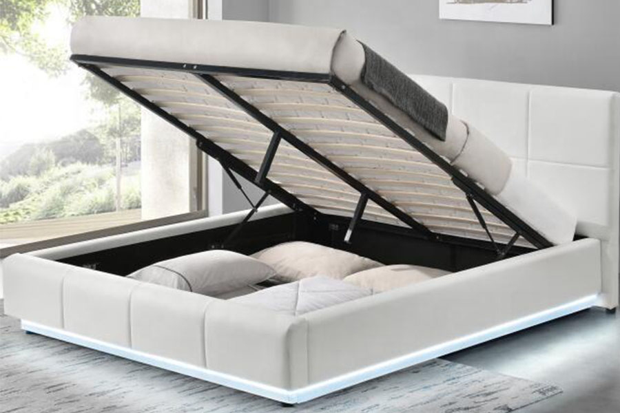 1239-1G Struttura letto imbottita doppia ottomana LED in ecopelle bianca